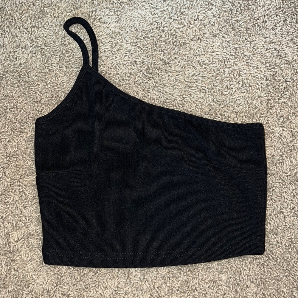 Medium, black, one-shoulder crop top.